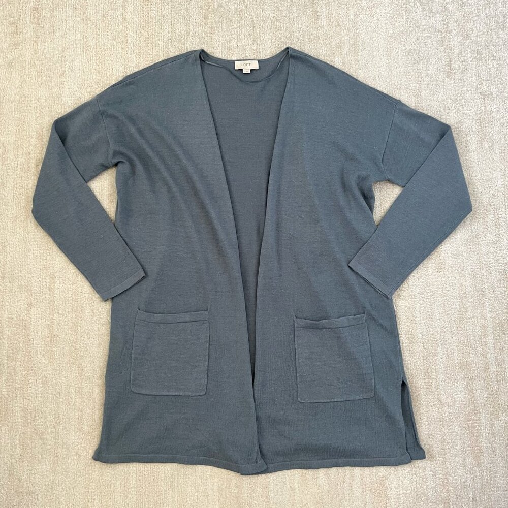 LOFT Outlet Blue Cotton Lightweight Open Front Cardigan Sweater Knit Top L